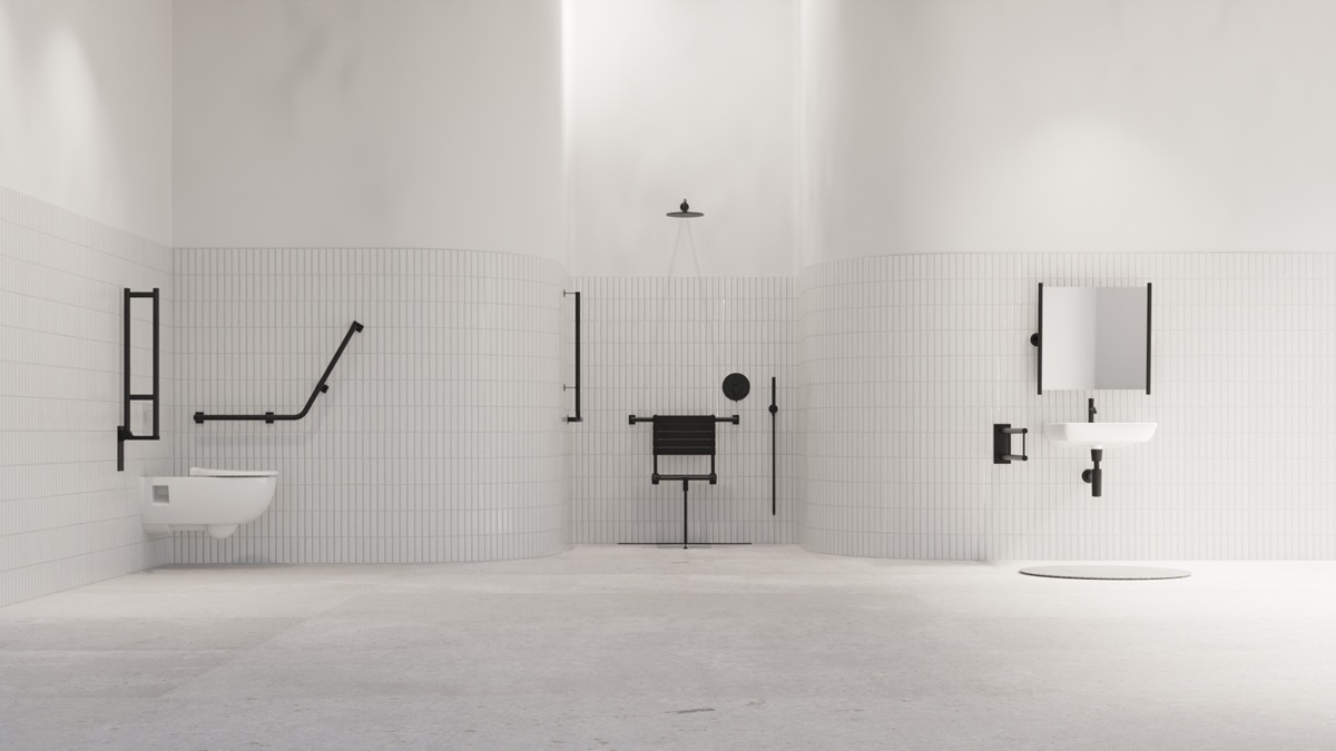 Moderne barrierefreie Badezimmerlösung mit schwarzen Haltegriffen von BSD