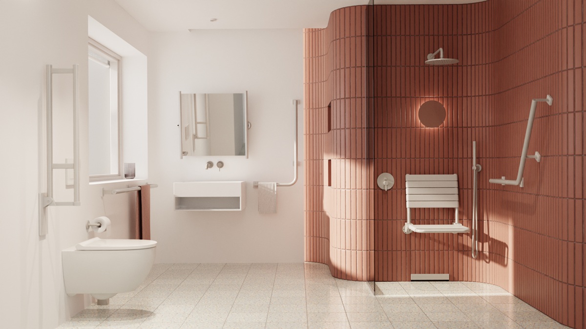 Modernes Badezimmer mit weißen Haltegriffen der Serie MODULAR