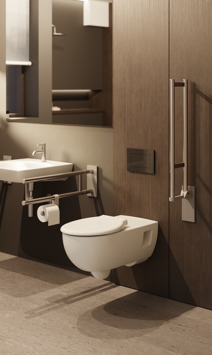 Barrierefreier WC-Bereich mit Haltegriffen aus Edelstahl der Serie MODULAR