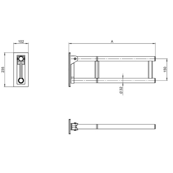 Maßzeichnung Stützklappgriff Edelstahl Ø32 mm MODULAR
