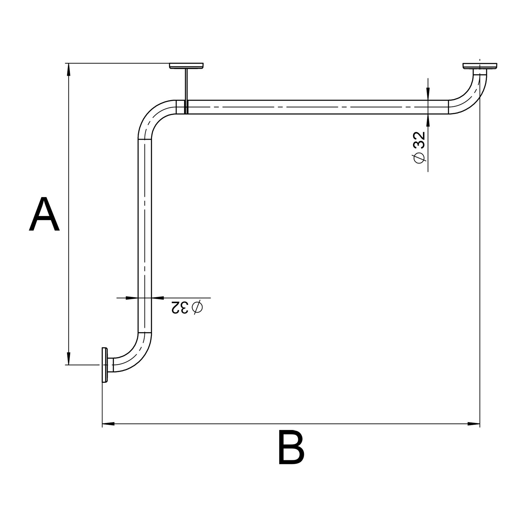 Winkelgriff Stahl Einbaumaße A und B – Serie STANDARD
