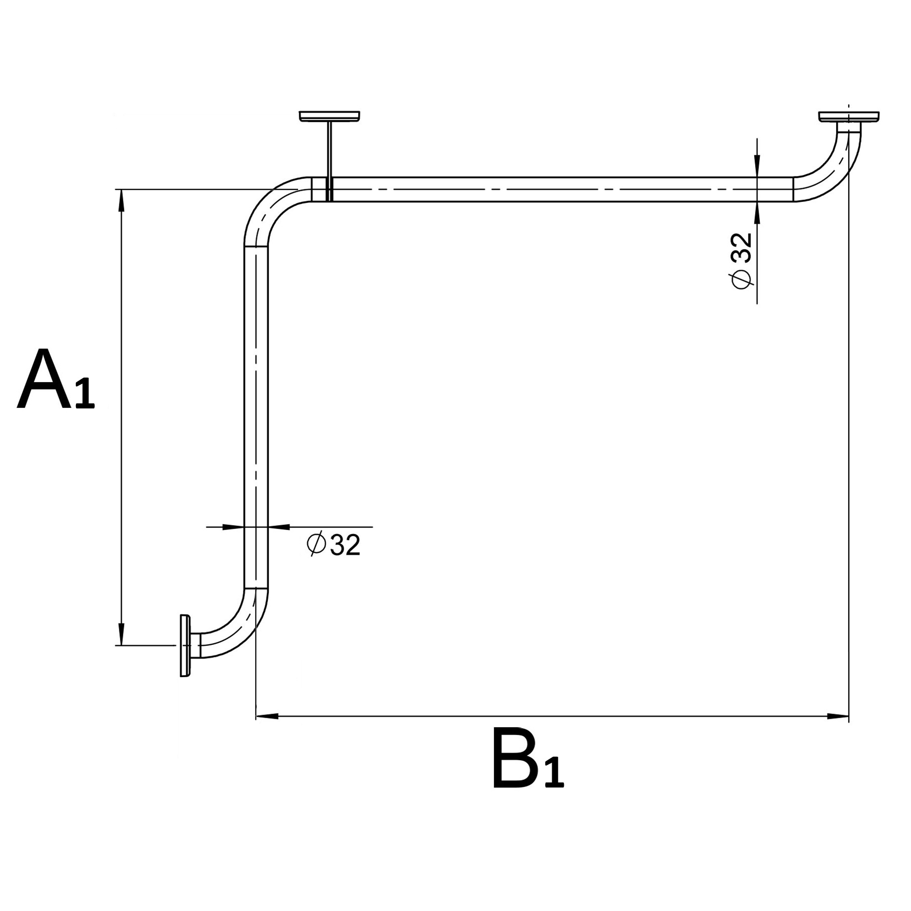 Winkelgriff Stahl Konstruktionsmaße A1 und B1 – Serie STANDARD