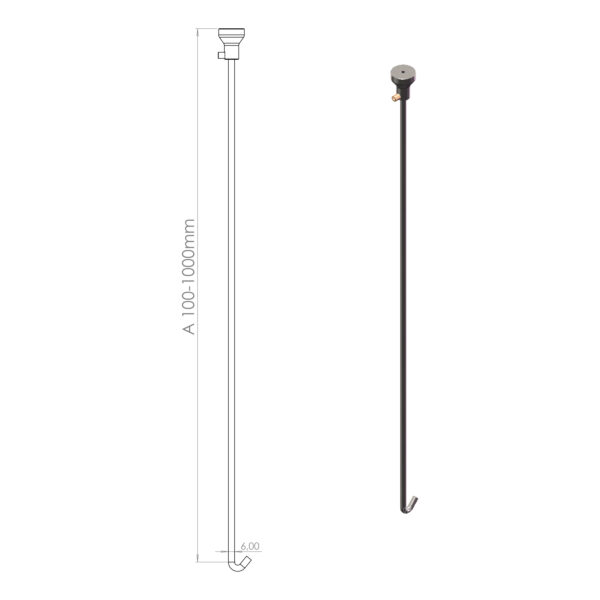 Technische Zeichnung der Deckenabhängung für Duschvorhangstangen aus Edelstahl Ø6 mm, Länge 1000 mm